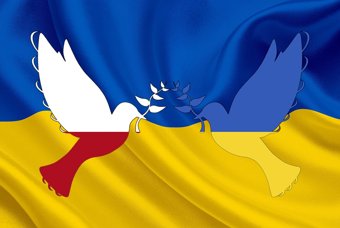 dwa gołębie na tle flagi Ukrainy